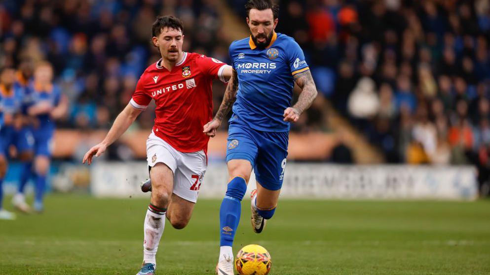 Tom O'Connor in action for Wrexham against Shrewsbury Town