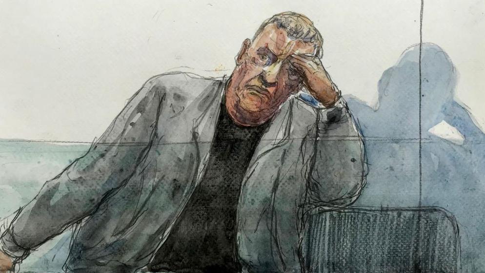 A court sketch from earlier in the trial shows Dominique Pelicot resting his head on his hand