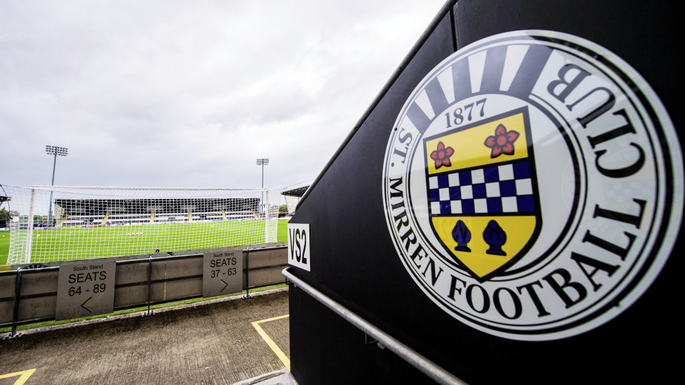 A stand emblazoned with St Mirren's club logo inside St Mirren Park - the pitch is visible in the background