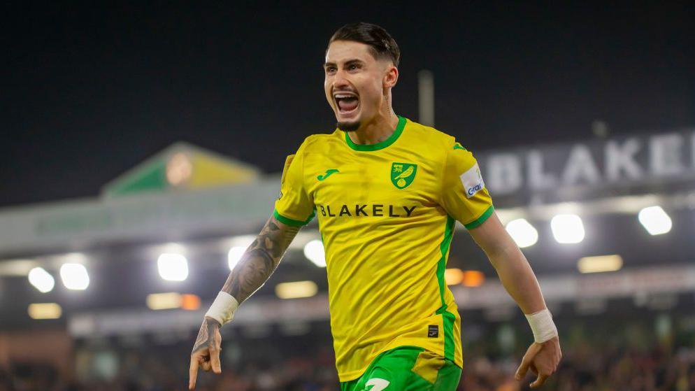 Borja Sainz celebrating scoring a goal at Carrow Road