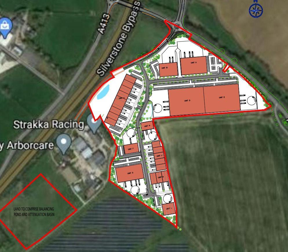 Plans detailing the breakdown of units on the proposed business development park, with roads and land around it.