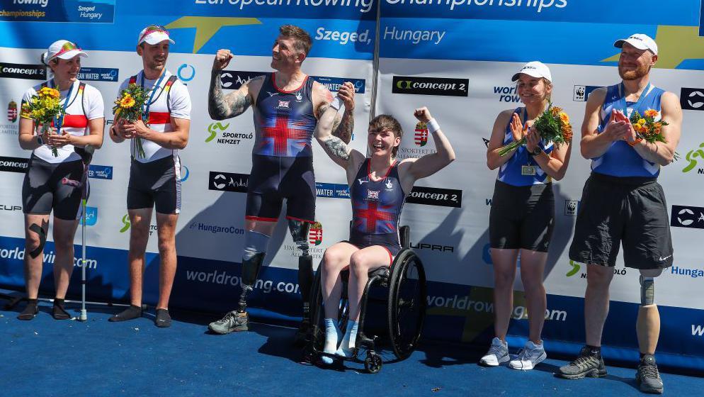 Gregg Stevenson and Lauren Rowles of Great Britain reacts during the medal ceremony of Mixed Double Sculls - PR2Mix2x Final.