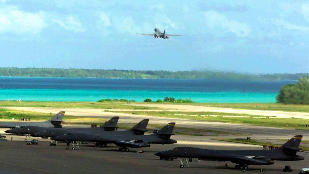 A US Air Force bomber takes off from Diego Garcia, bound for a mission in Afghanistan, in October 2001.