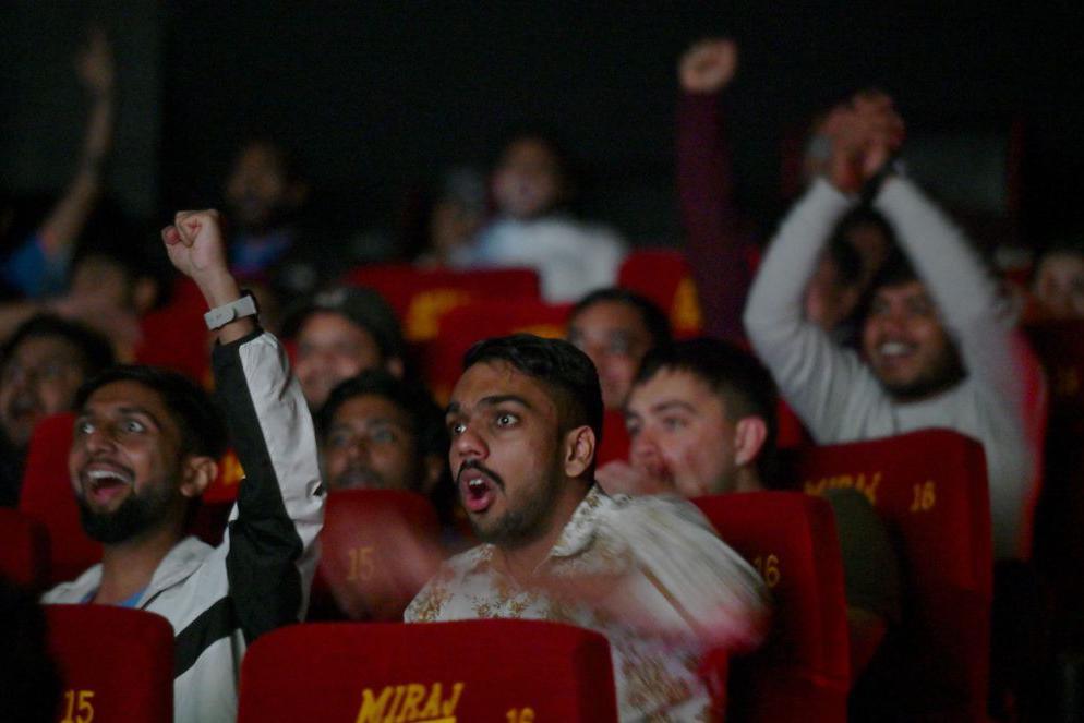 : People gathered at the GIP Mall Miraj cinema hall in Sector 38A to watch the India-Pakistan match of the ICC Champions Trophy 2025, on February 23, 2025 in Noida, India