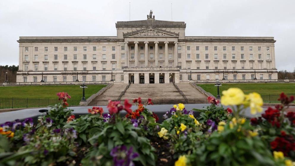 Parliament buildings can be seen behind a flower pot. The building is white and has many floors and windows. There are six pillars at the top of steps up to the building. 