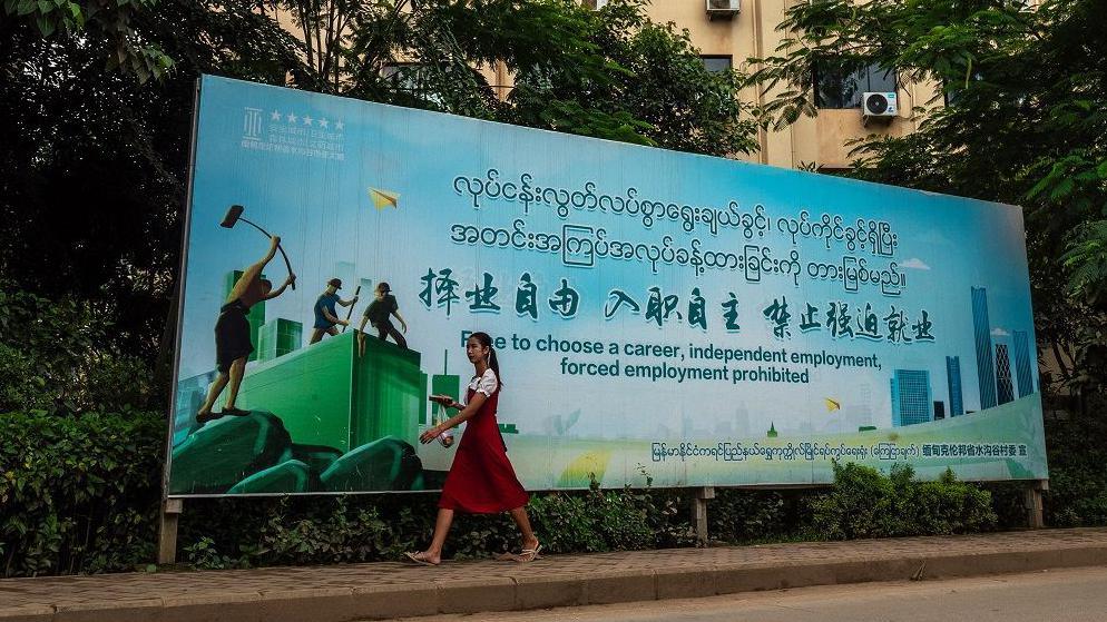 A woman walks past a sign saying trafficking is prohibited. The sign is largely blue, with drawings of people with tools apparently smashing rocks on one side, and skyscrapers on the other