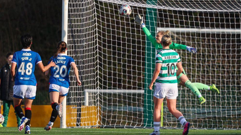 Celtic's Adelaide Gay in unable to reach Katie Wilkinson's free-kick