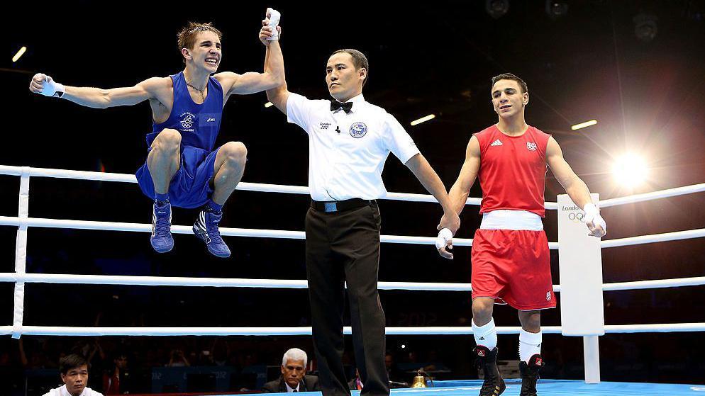 Michael Conlan celebrates winning a bronze medal at the 2012 London Olympics