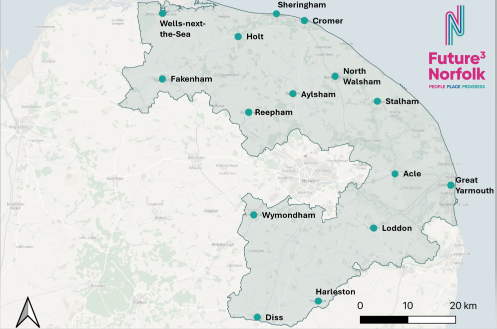 Map of Norfolk with the new East Norfolk authority shaded in. It takes in the existing boundaries of Great Yarmouth, North Norfolk and most of Broadland councils.