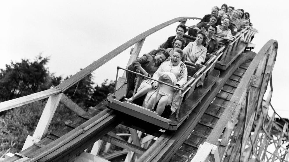 People on the rollercoaster at the Kursaal, Southend-on-Sea