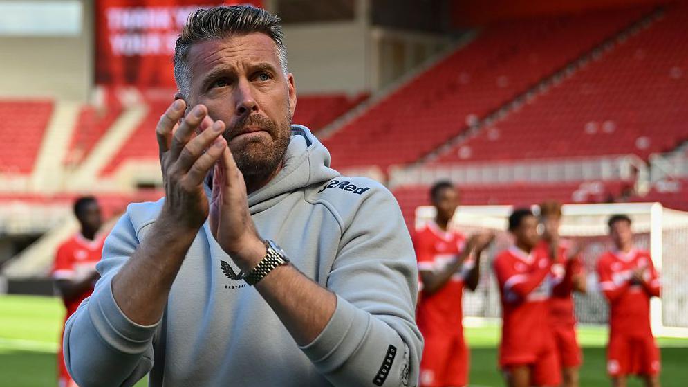 New Middlesbrough manager Rob Edwards claps fans during a pre-season game against Deportivo La Coruna