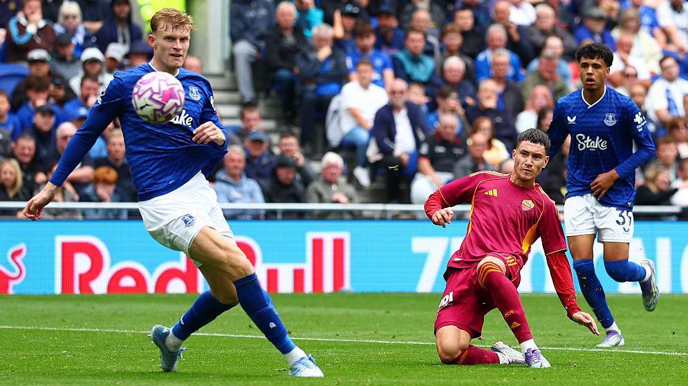 Matias Soule scores the opening goal during the pre-season friendly match between Everton and AS Roma at Hill Dickinson Stadium