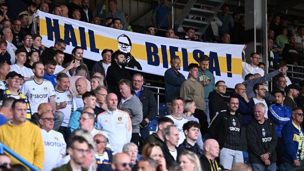 Leeds fans display a banner in honour of their former manager Marcelo Bielsa 