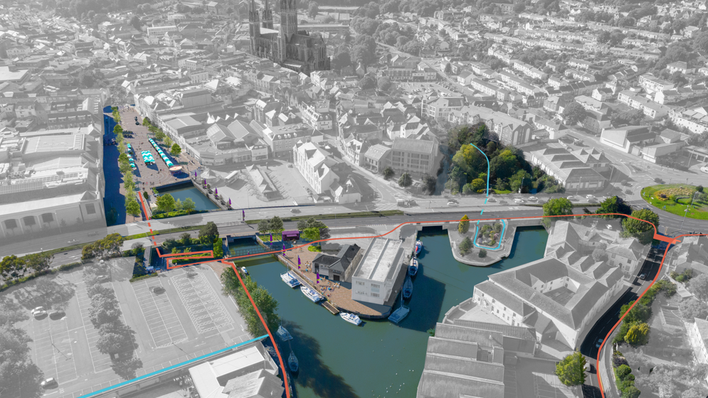 An aerial image of proposed works to Lemon Quay, Town Quay and surrounding areas 