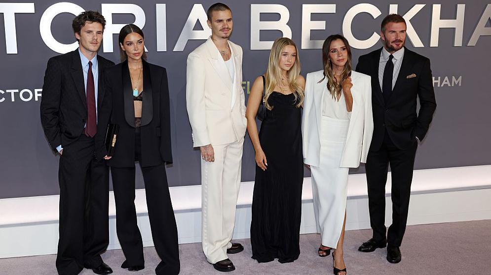 LONDON, ENGLAND - OCTOBER 08: Cruz Beckham, Jackie Apostel, Romeo Beckham, Harper Beckham, Victoria Beckham and David Beckham attend the "Victoria Beckham" World Premiere at the Curzon Mayfair on October 08, 2025 in London, England. (Photo by Neil Mockford/FilmMagic)