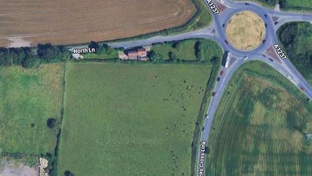 Map showing the Monks Cross Link Road roundabout, with North Lane off to the west, and the A1237 running north-south.