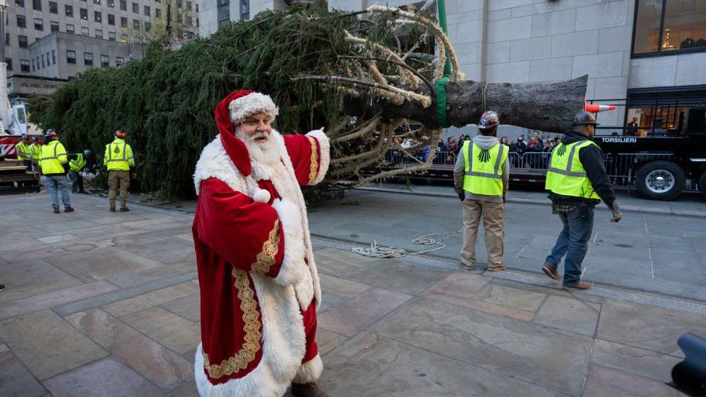 An actor dressed as Santa Claus arrives during the installation of the Rockefeller Center Christmas tree