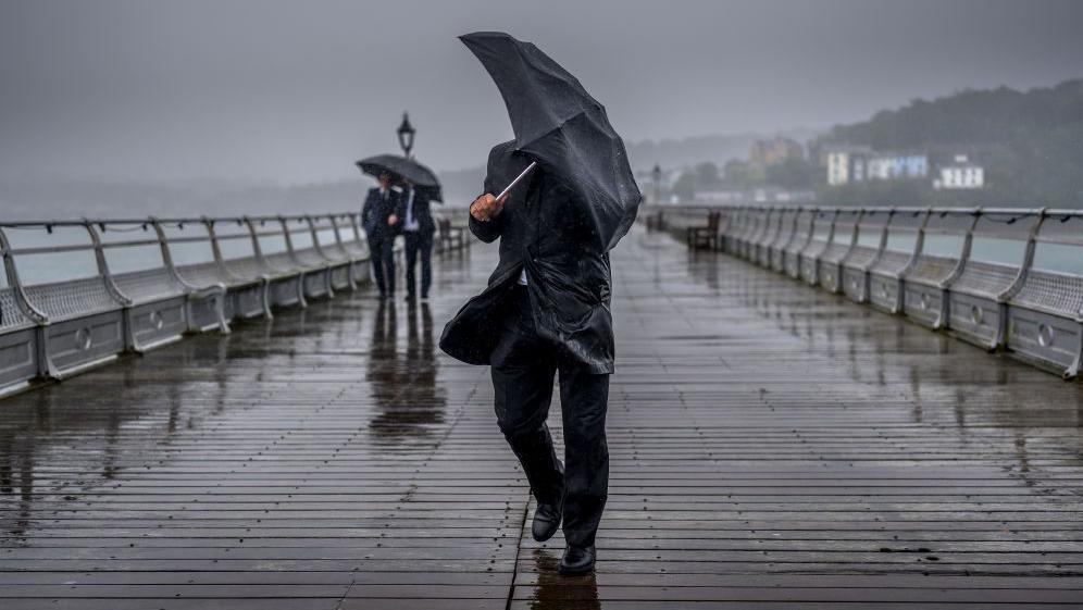 people walking along pier with umbrellas. 