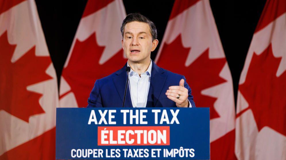 Pierre Poilievre, leader of Canada's Conservative Party, speaks during a news conference in Toronto, Ontario, Canada, on Tuesday, Dec. 17, 2024. Poilievre, the odds-on favorite to win the next election, has repeated his calls for the government to dissolve parliament and call a national vote.