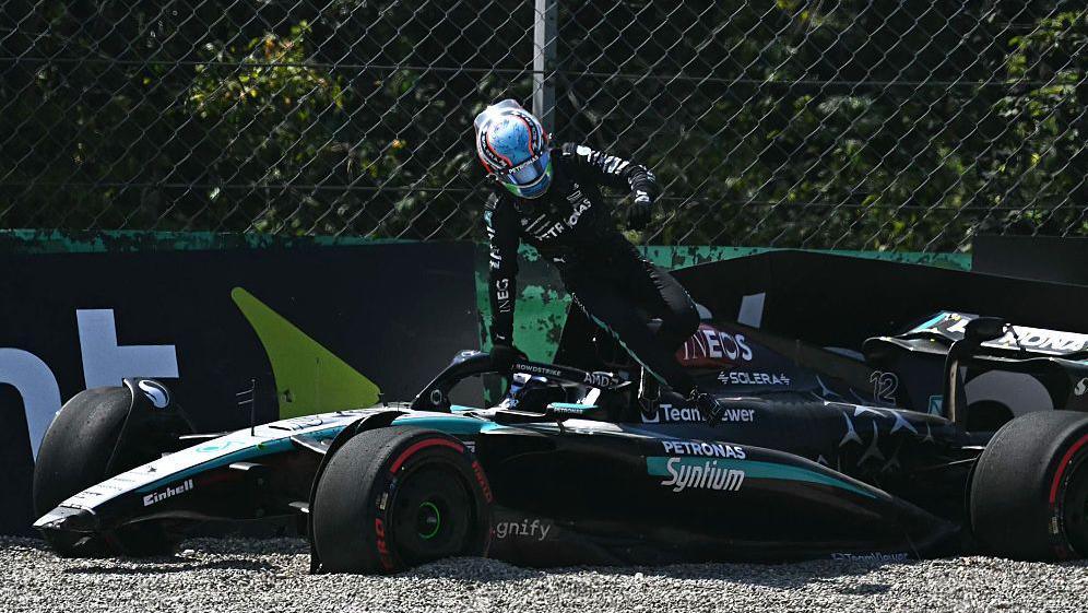 Kimi Antonelli gets out of the car after crashing in practice at the Italian Grand Prix in 2024