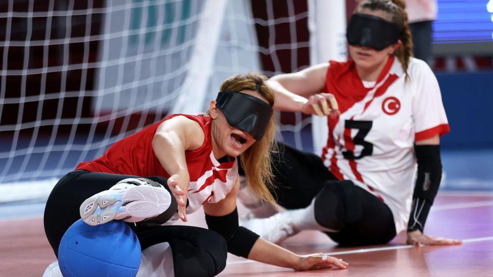 Action from the women's goalball final at Tokyo 2020 between Turkey and USA