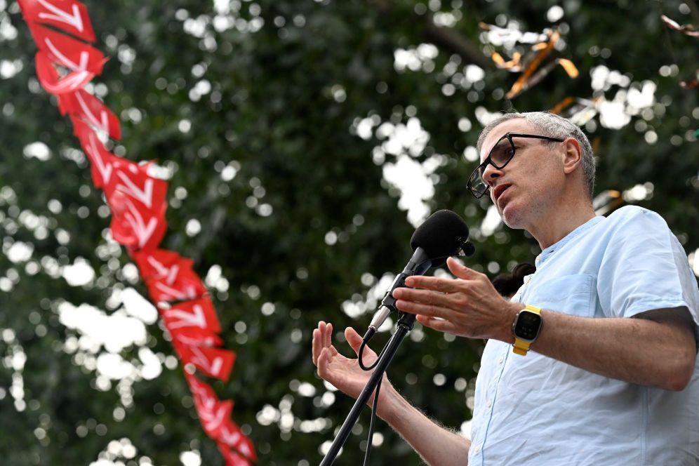 Omar Abdullah, the leader of Jammu and Kashmir National Conference (JKNC) party, addresses a campaign rally ahead of the assembly elections, in Pulwama on September 15, 2024