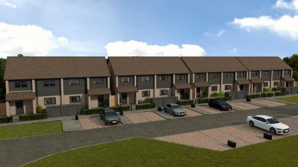 A computer-generated image of the replacement homes. They are two-storey, and now all semi-detached. Each homes now has a driveway in front rather than the small patch of grass. 