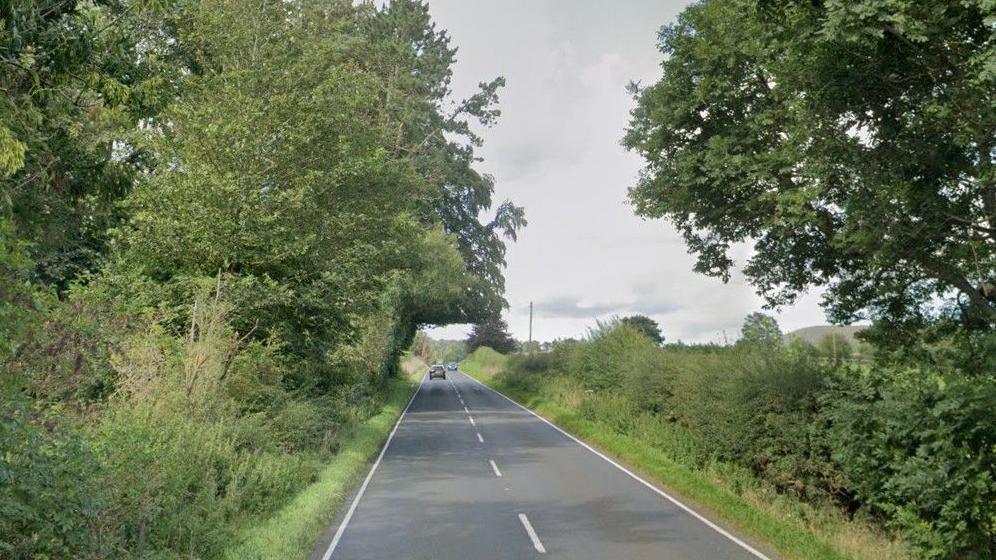 A single carriageway road stretching off through the countryside. There are fields and trees on both sides.