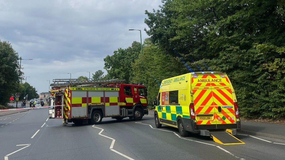 A fire engine and ambulance in Daleside Road East