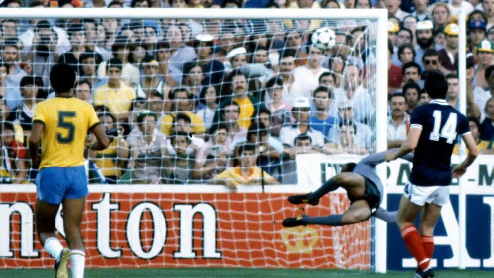 Dave Narey scores against Brazil at the 1982 World Cup