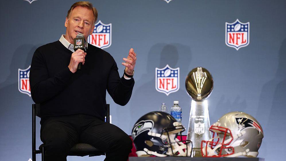 NFL Commissioner Roger Goodell speaking at a news conference before Super Bowl 60