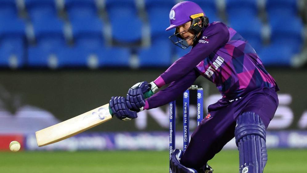 Scotland's Michael Leask plays a shot during the ICC mens Twenty20 World Cup 2022 cricket match between Scotland and Zimbabwe at Bellerive Oval in Hobart on October 21, 2022