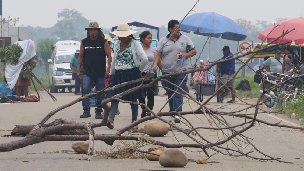 A woman wearing a straw hat and a small group of other people walk on a road strewn with rocks and branches. The branches are blocking the road and are part of a blockade installed by followers of former president Evo Morales in Bolivia. 