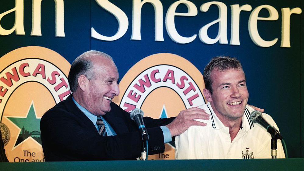 Alan Shearer and Sir John Hall speak to the media as he signs for Newcastle
