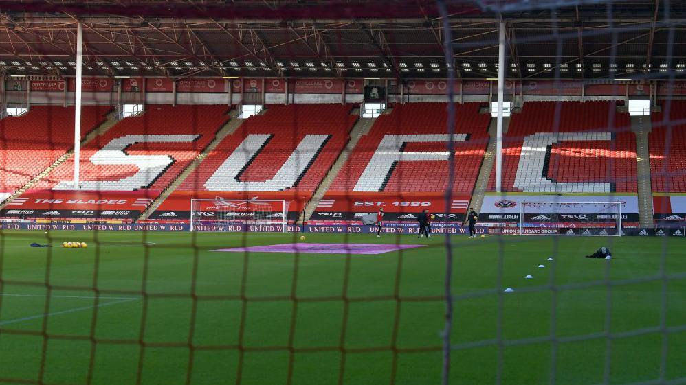 General view of the stadium interior prior to the Premier League match between Sheffield United and West Ham United at Bramall Lane with SUFC on the seats