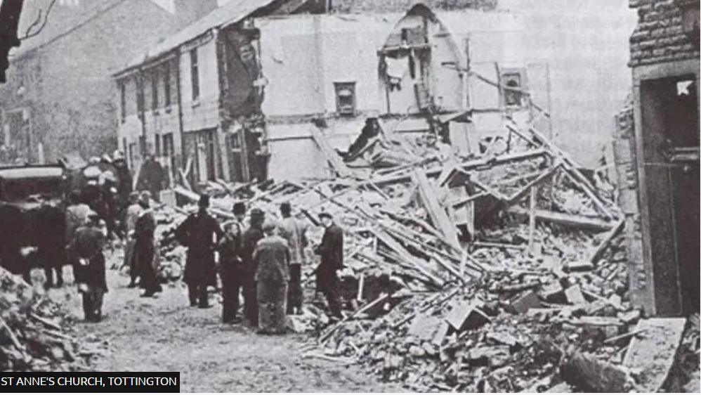 Photograph of the debris left behind when a 'Doodlebug' V1 rocket hit a row of houses in Tottington towards the end of the Second World War