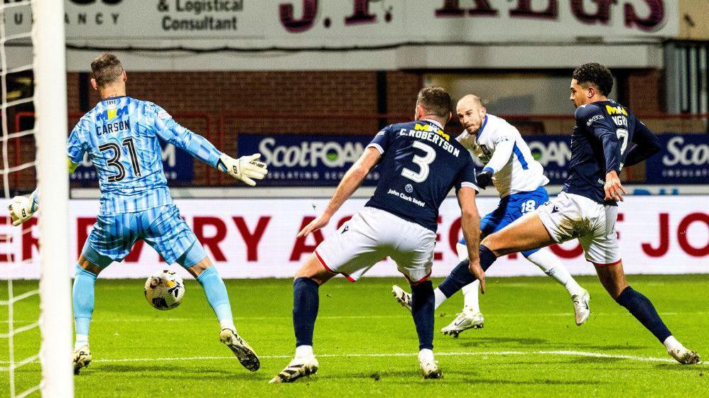 Rangers Vaclav Cerny scores to make it 1-1 during a William Hill Premiership match between Dundee and Rangers  at The Scot Foam Stadium,