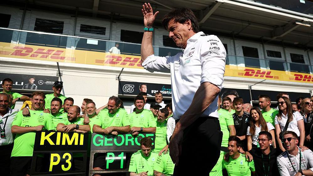 Toto Wolff, executive director of Mercedes AMG Petronas F1 team, celebrates with the Mercedes AMG Petronas F1 team during the Grand Prix of Canada at Circuit Gilles-Villeneuve
