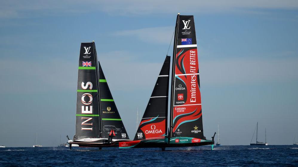 Yachts of Great Britain and New Zealand sail in the America's Cup