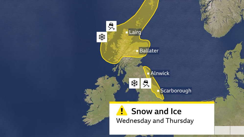 bbc weather graphic showing snow and ice warnings from the Met Office on Wednesday and Thursday.  One warning covers coastal areas of north east England the other in northern Scotland
