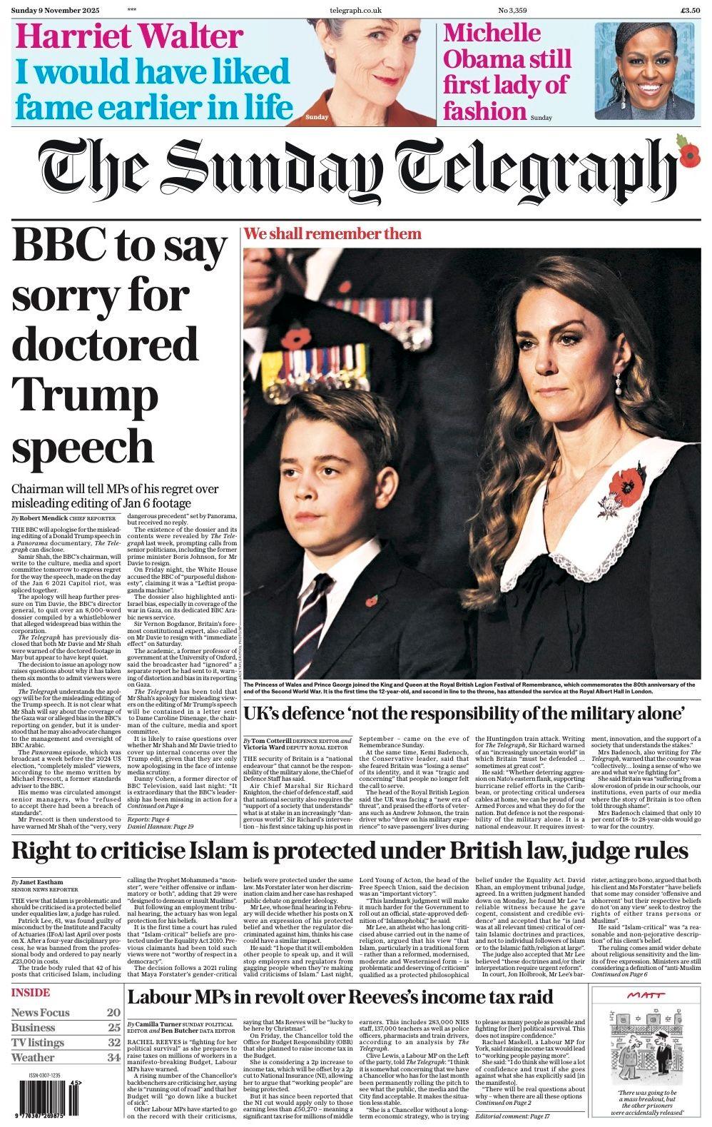 The headline on the front page of the Telegraph reads: “BBC to say sorry for doctored Trump speech”. 