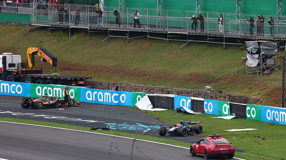 McLaren's Oscar Piastri and Alpine's Franco Colapinto crash out of the Sao Paulo Grand Prix sprint race