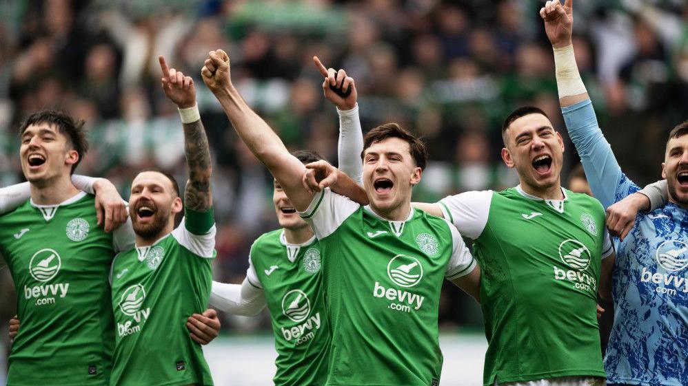 Hibs players celebrate their derby win over Hearts in March