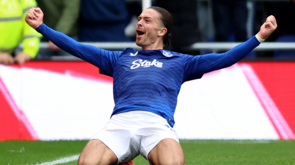 Jack Grealish celebrates scoring Everton's winner against Crystal Palace