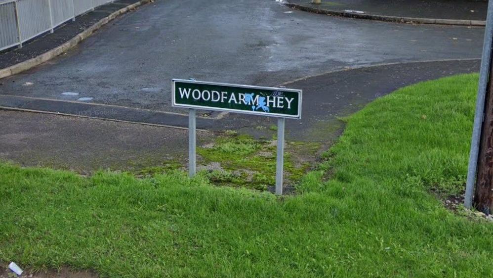 A green road sign reading Woodfarm Hey standing on a grassy area. The sign has been partially defaced by blue spray-paint.