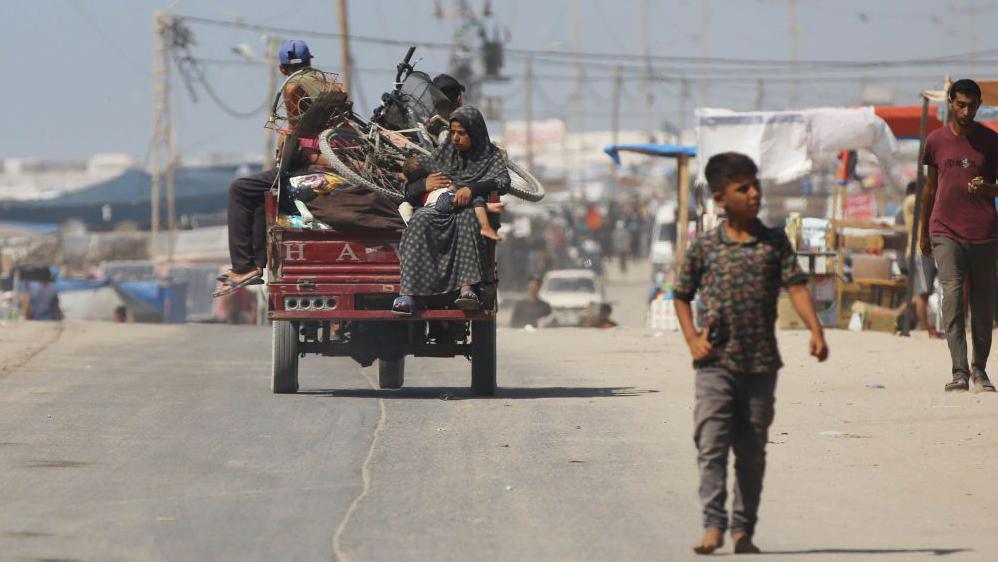 Hundreds of Palestinians migrate from the al-Mawasi area in western Rafah, following the deadly Israeli attack on the region, in Khan Yunis, Gaza on 23 June 2024