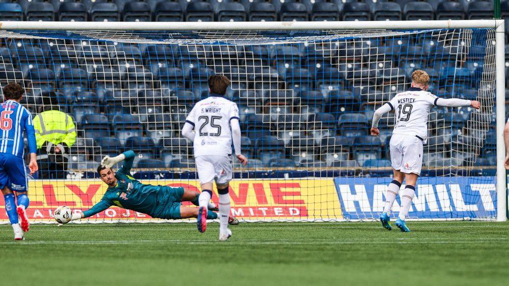 Joe Westley's penalty for Dundee is saved by Kilmarnock goalkeeper Kelle Roos