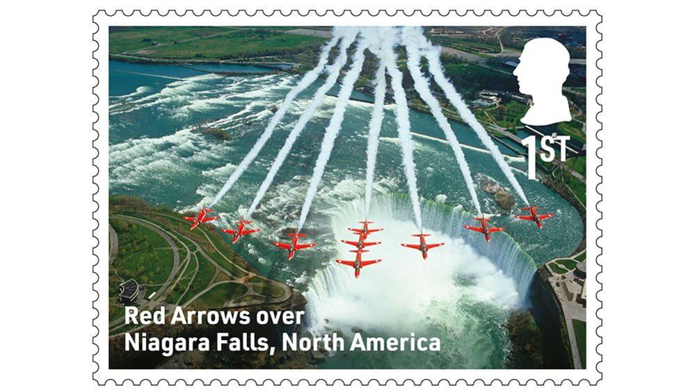 stamp outline, red arrows flying over niagara falls