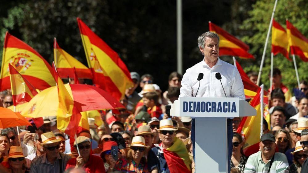 Alberto Nunez Feijoo, the leader of the People's Party, speaks during a protest against Spanish Prime Minister Pedro Sanchez's government, under the slogan 'Mafia or Democracy' in Madrid,