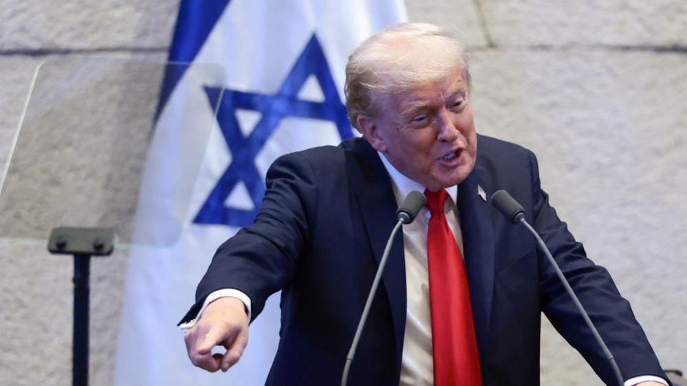 US President Donald Trump speaks in the Israeli parliament
